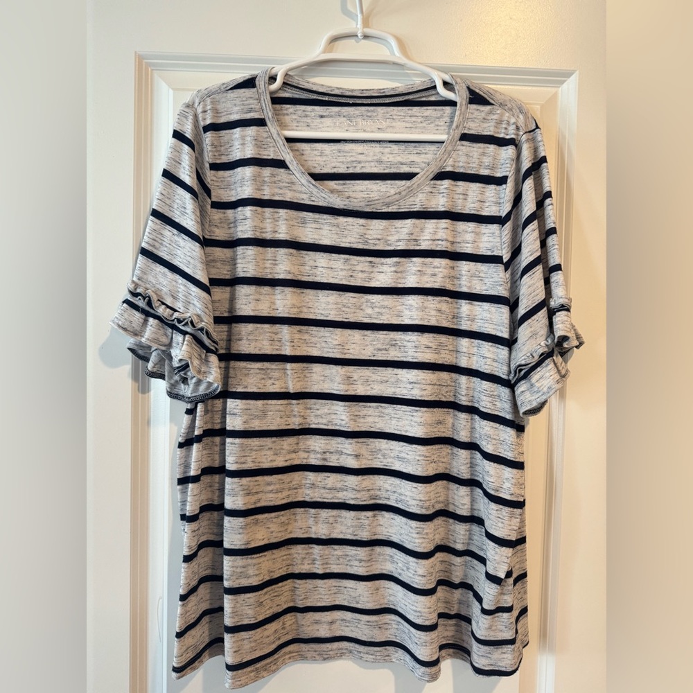 Lane Bryant Gray and Blue Striped Ruffle Sleeve Tee